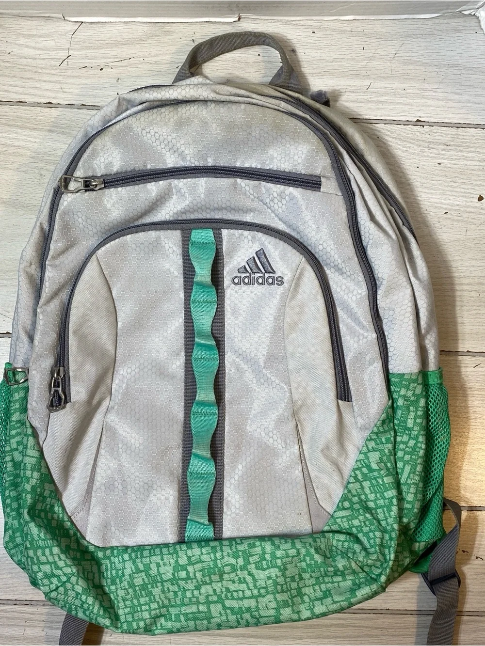 Adidas LoadSpring Gray & Green Geometric Pattern Backpack Rucksack Mesh Pockets
